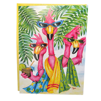 Colorful flamingo birthday greeting card with three flamingos wearing sunglasses and tropical theme, 5.5x7.25 with envelope