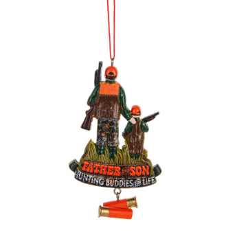 Decorative ornament with a father and son hunting scene on a white background