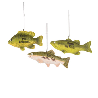 Three fish-shaped ornaments with humorous sayings on a white background
