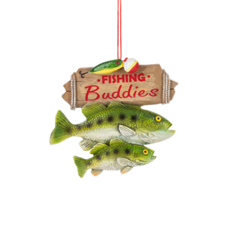 Fishing Buddies Christmas Ornament with two green bass fish, wooden sign, bobber, and lure holiday fishing decor