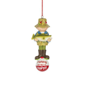 Fisherman holding fish ornament with "Fishing makes me HAPPY" bobber