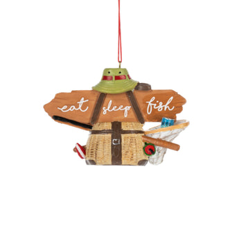 Eat Sleep Fish ornament with fishing hat, creel, and bobber.