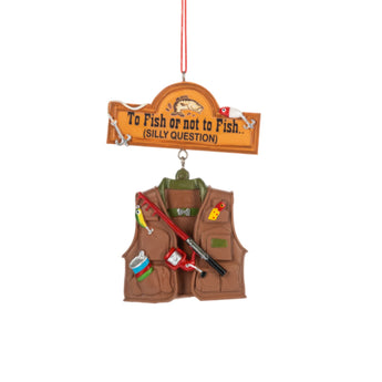 Fishing vest ornament with lures and To Fish or Not to Fish Sign for anglers christmas gift