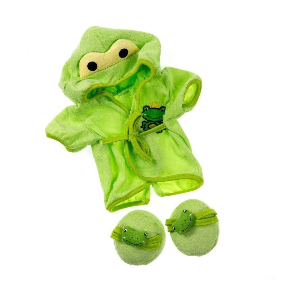 Adorable Green Frog Bathrobe and matching slippers for 16 inch teddy bears and stuffed animal toys. 