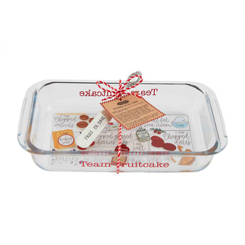 Fruitcake recipe baking set - glass baking dish with recipe and serving knife.