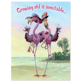 Funny flamingo birthday greeting card with glitter featuring tropical beach scene and humorous aging message, 5.5x7.25 with envelope