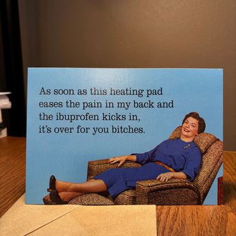 Funny get well greeting card with retro woman in recliner and sarcastic message about ibuprofen and recovery, 4.75x6.75 with envelope