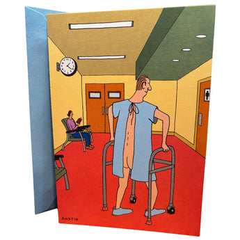 Funny get well greeting card with cartoon man in hospital gown using walker, humorous recovery message, 4.75x6.75 with envelope