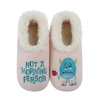 Pair of slippers with a cartoon character and 'Not a Morning Person' text on a white background