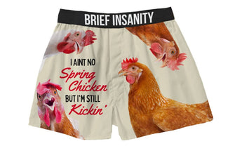 Funny chicken boxer shorts with “I Ain’t No Spring Chicken” text