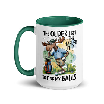 Funny golf coffee mug with moose cartoon and golf ball joke