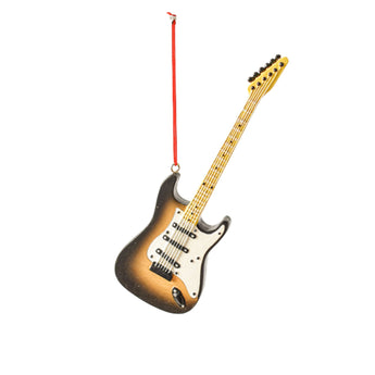 Guitar-shaped ornament with a red string on a white background