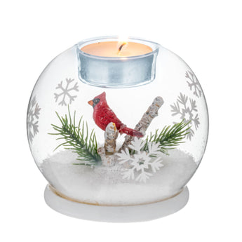 Glass Montages Cardinal Tealight Holder with red cardinal on snowy branches surrounded by snowflakes