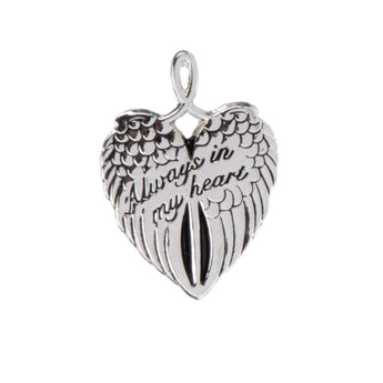Silver charm with 'always in my heart' engraved on angel wing heart on white background.