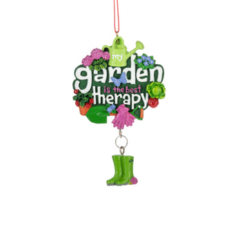 My Garden Is The Best Therapy ornament with watering can, gloves, flowers, and dangling green boot from Chivilla Bay