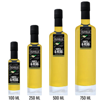 Garlic & Herb Infused Olive Oils in assorted size bottles
