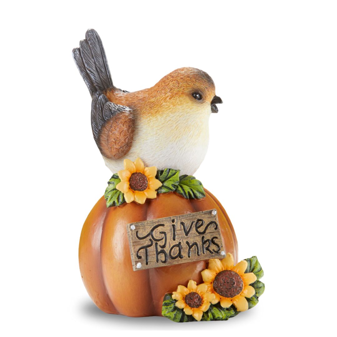 Give Thanks Bird on pumpkin Fall Shelf Sitter Figurine