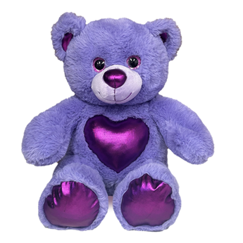 Glam the Purple Bear stuffed animal with metallic accents on ears, belly and feet, and sparkly purple eyes