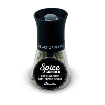 Glass spice grinder with adjustable ceramic mill, ideal for salt, pepper, and spices - Olivelle at Chivilla Bay.