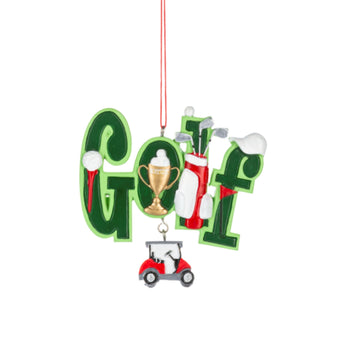 Golf ornament with golf bag, trophy, and dangling golf cart - resin decor