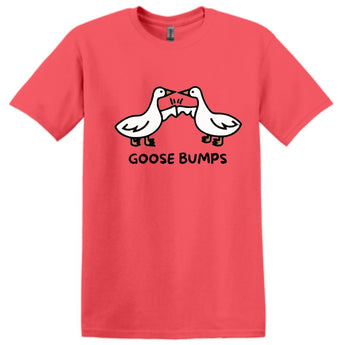 Funny Goose Bumps graphic t-shirt showing two geese fist bumping in coral, heather indigo, and sport grey colors.