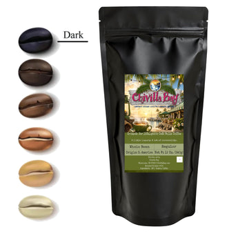 Grounds for Indulgence Cafe Bella Dark Roast Coffee Bag with Coffee Beans next to the bag.