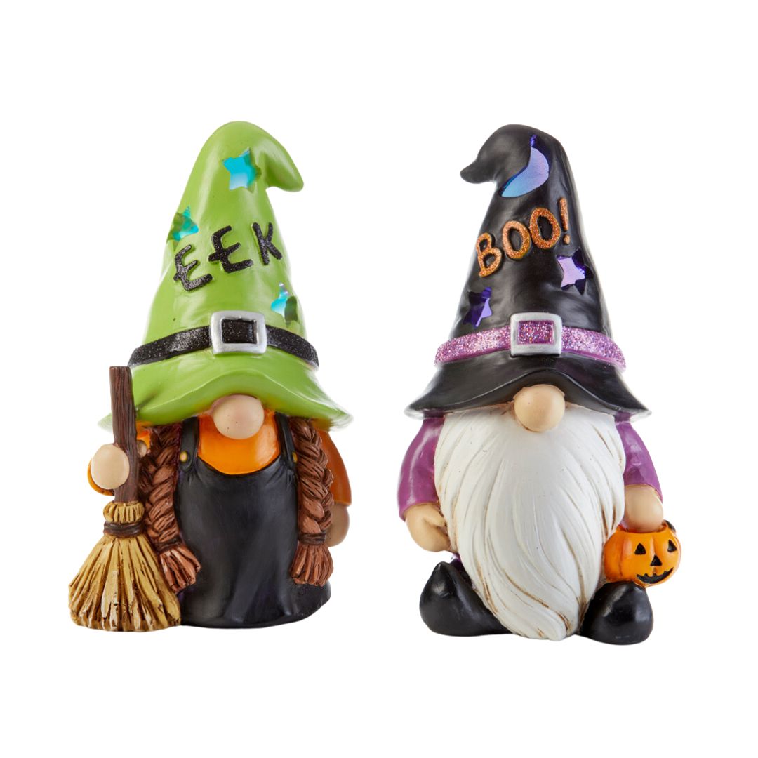 Halloween Gnome Witches with hats that light up figurines