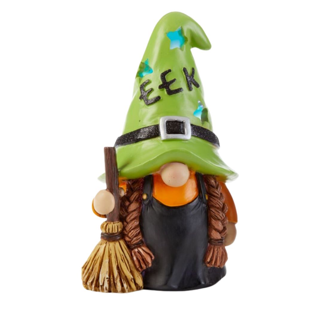 Halloween Gnome witch with green "eek" light up hat figurine
