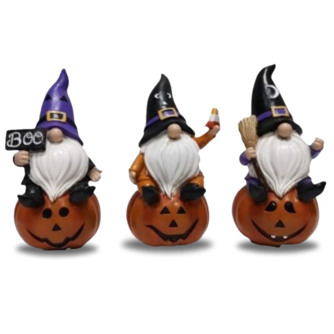 Halloween Warlock Gnomes on Pumpkins Fall Autumn Figurines 