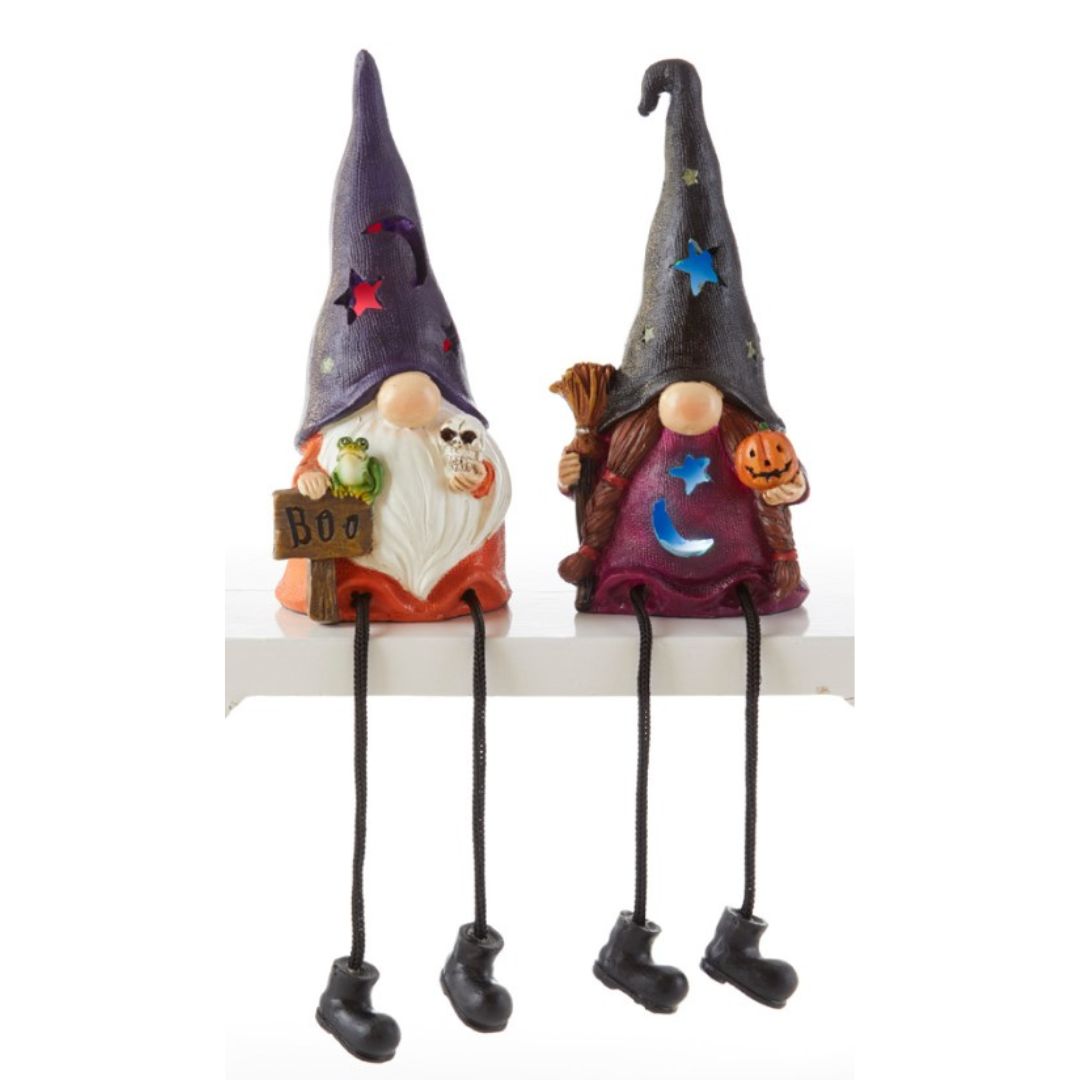 Halloween Wizard and Warlock Gnomes with dangly rope legs figurines. Their hats light up with LED lights.