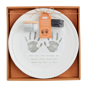 3-piece Handprint Keepsake Platter set with round ceramic platter, foam brush, and paint for creating personalized handprint gifts.