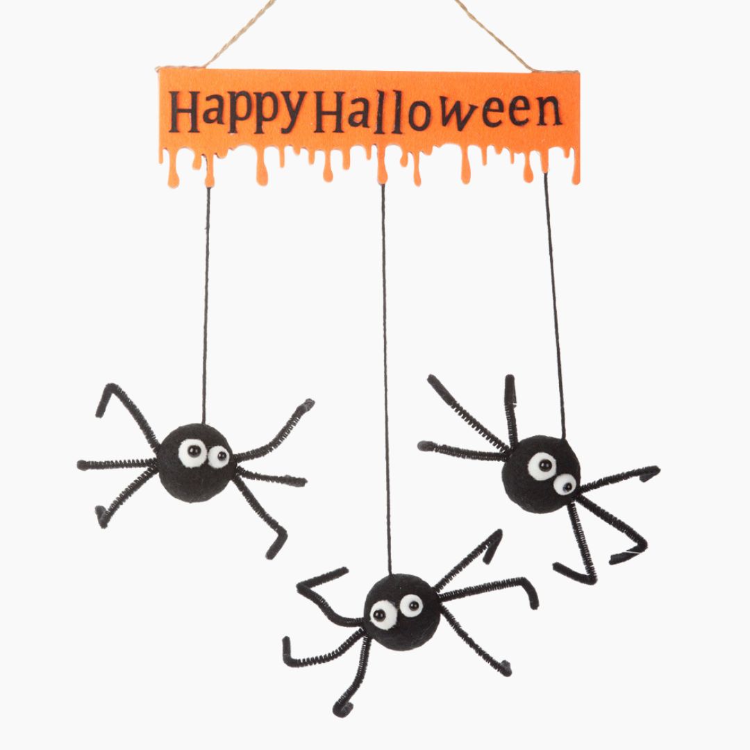 Wool Happy Halloween Spider Sign for your holiday decorating. Hang on wall or doorway. 