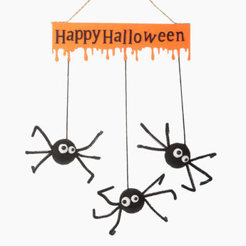 Wool Happy Halloween Spider Sign for your holiday decorating. Hang on wall or doorway.