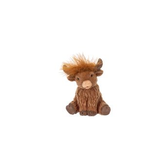 Happy Little Highland Cow Charm with fuzzy brown hair and sweet cow face on white background.