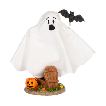 Halloween-themed figurine with ghost, pumpkin, and bat on a white background