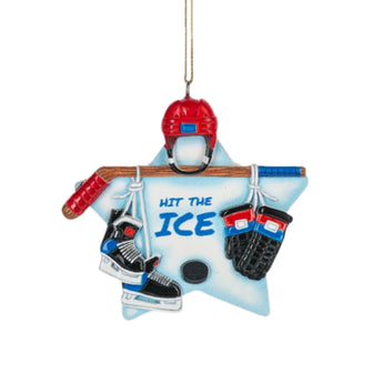 Hockey-themed ornament with helmet, skates, and 'Hit the Ice' text on a star-shaped background.