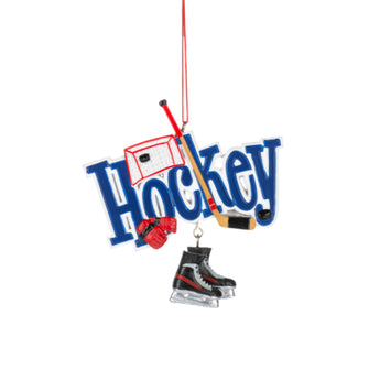 Hockey-themed ornament with 'Hockey' text, hockey stick, goalie mask, and skates on a white background.