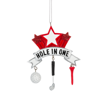 Hole in One golf ornament with red stars, dangling golf ball, golf club, and golf tee charms.