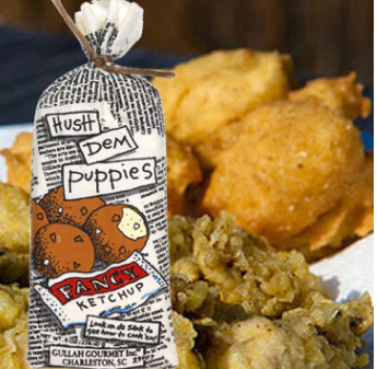 Bag of Gullah Gourmet Hush Dem Puppies baking mix for hushpuppies, conch fritters, and fried shrimp.