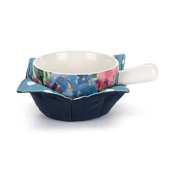 Floral soup crock with watercolor-style hydrangeas and a blue-and-white polka dot bowl cozy, both side-by-side on a white background.