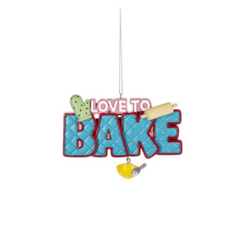 Love to Bake Christmas ornament with quilting design and mixing bowl charm