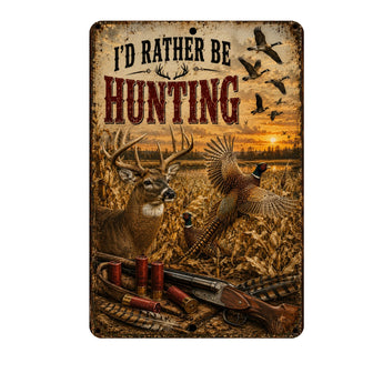 A rectangular metal tin sign with a rustic hunting theme, featuring a deer, pheasant, ducks, shotgun, and shotgun shells on a field at sunset, with the text 'I'D RATHER BE HUNTING'.