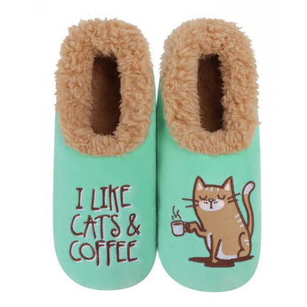 Womens Cat Lover Slippers with Fun Cat like cats and coffee embroidered design on womens light green and tan snoozie slippers