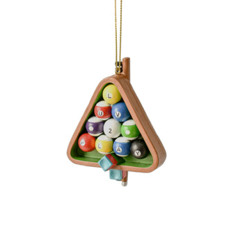Pool billiard balls in rack spelling out luv 2 play on the balls with chalk and cue hanging ornament perfect gift for fathers day or Christmas to those pool playing sharks.