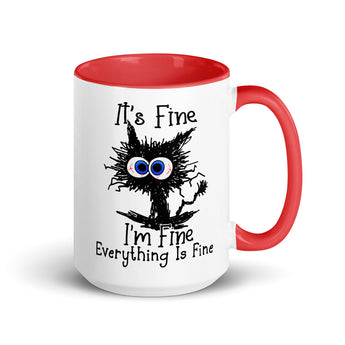 It’s fine I’m fine everything is fine stressed cat coffee mug red handle 15 oz Right side view