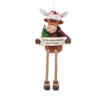 Christmas ornament of a moose holding a "it's the moose wonderful time of the year" sign on a white background