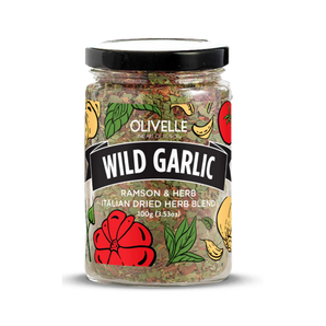 Jar of Wild Garlic Dried Herb Blend from Olivelle with herbs and garlic flakes visible