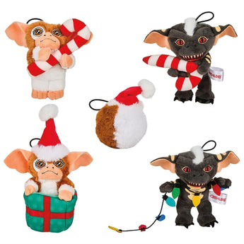 Set of five Gremlins mini plush ornaments in holiday gift box featuring Gizmo, Stripe, and Furball with festive accessories.