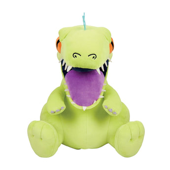 Rugrats HugMe Reptar 16-inch plush by NECA and Kidrobot featuring vibration feature that shakes when hugged or clapped.