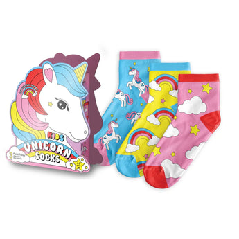 Set of colorful children's socks with unicorn design on a white background